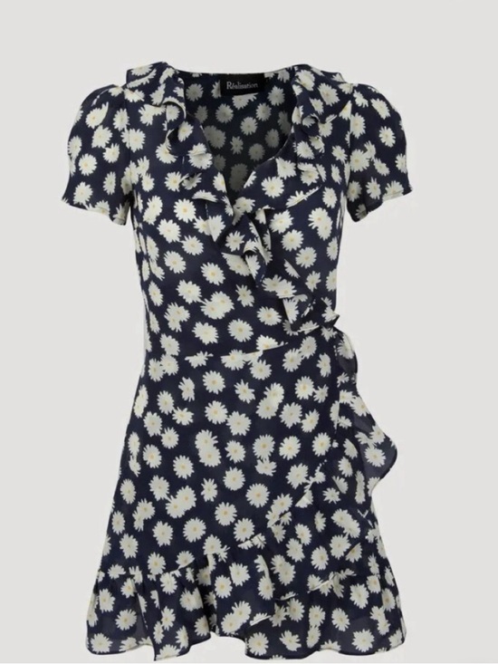 Realisation Par Dresses & Skirts - Realisation Par Navy Daisy Ruffle Wrap Mini Dress